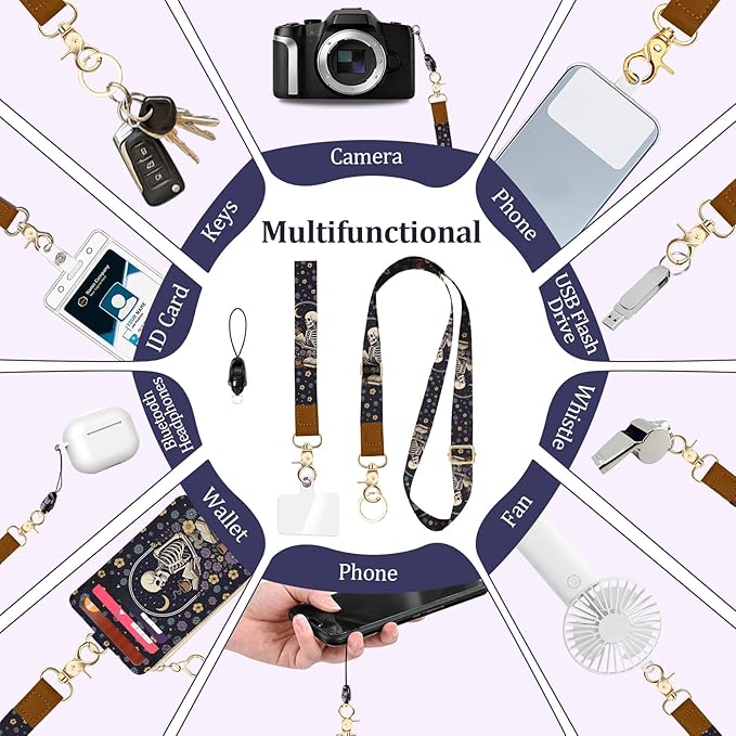 Gothic Lanyard Wallet for Id Badges, Funny Skull Card Holder with Neck Lanyard Wristlet, RFID PU Leather ID Case with Adjustable Lanyard Keychain for Women Teacher Student Nurse Work Office