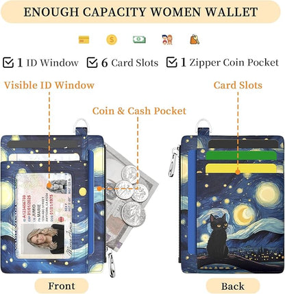 Hancynir Slim Wallet Women Credit Card Holder Black Cat Starry Night RFID Small Mini Card Case Front Pocket PU Leather Thin Travel Zipper Coin Cash ID Window Girls Wallet Gifts