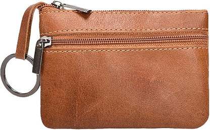 Hibate Brown Small Leather Coin Purse Change Pouch for Women Men Kids with Zip Key Ring