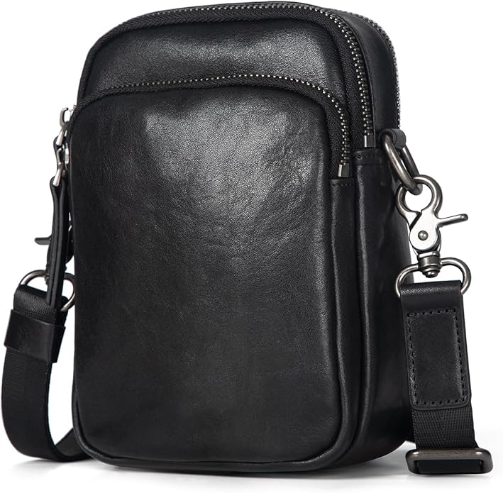 Augus Leather Messenger Crossbody Shoulder Bag for Men Work Business Casual Adjustable Straps (Black-1)