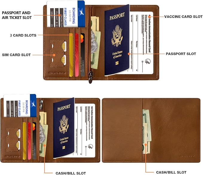 BAPHITY Genuine Leather RFID Blocking Passport Holder Wallet with Zipper Hidden Pocket,Luxury Cover for Men Women,Ideal Gift-red-brown