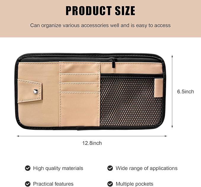 Car Sun Visor Organizer, PU Leather Multi-Pocket Visor Storage Pouch with Zipper, Auto Interior Document Holder Sunvisor Card Sleeve Pocket Organizer for Driving License Pen Key (Beige)
