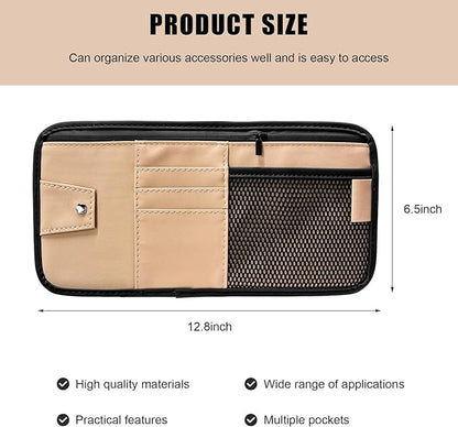 Car Sun Visor Organizer, PU Leather Multi-Pocket Visor Storage Pouch with Zipper, Auto Interior Document Holder Sunvisor Card Sleeve Pocket Organizer for Driving License Pen Key (Beige)