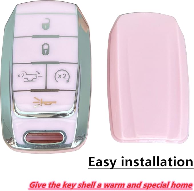 Key Protective Shell for RAM Key Fob Cover with Keychain Fit for RAM 1500 2500 3500 Smart Key Case Accessories (5-Button-Pink-Silver)
