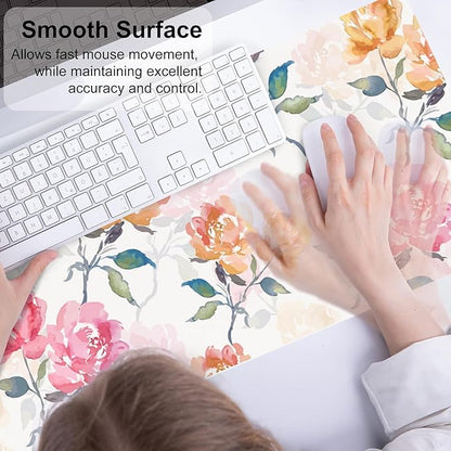 QiyI Floral Mouse Pad, Watercolor Flowers Desk Mat for Desktop, Women Girls Office Décor Accessories, PU Leather Waterproof Gaming Mousepad, Pink Yellow Peonies Desk Pad Computer Mat, 31.5" x 11.8"