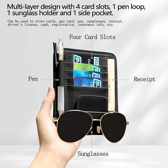 2Pcs Car Sun Visor Organizer, Slim Leather Sunglass Holder for Car, Auto Document Holder for Card, Sunglasses, Insurance, Registration, Pen, Receipt (Black)