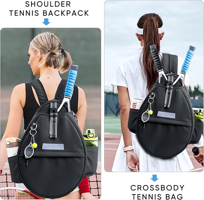 Tennis Backpack with 2 Rackets Holder, Water-Resistant PU Leather Tennis Racket Bag for Women & Men, Sling Crossbody Sports Backpack for Tennis, Pickleball & Badminton, Tennis Gifts