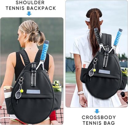 Tennis Backpack with 2 Rackets Holder, Water-Resistant PU Leather Tennis Racket Bag for Women & Men, Sling Crossbody Sports Backpack for Tennis, Pickleball & Badminton, Tennis Gifts