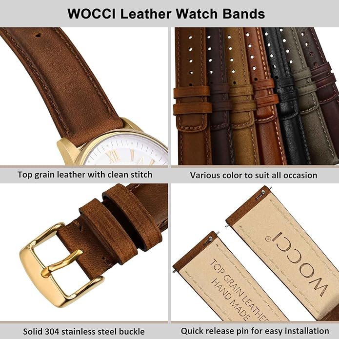 WOCCI Quick Release Watch Band, Distressed Genuine Leather, Stainless Steel Buckle, Strap Width 18mm 19mm 20mm 22mm 24mm