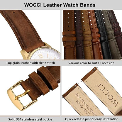 WOCCI Quick Release Watch Band, Distressed Genuine Leather, Stainless Steel Buckle, Strap Width 18mm 19mm 20mm 22mm 24mm