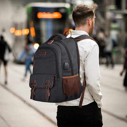 Mactso Canvas Travel Laptop Backpack for Men Women, Business Work Rucksack College School Computer Bag Fits 15.6 Inch Notebook,Bookbag with USB Charging Port (Black, 15.6 Inch)