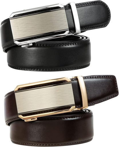 2 Pack Ratchet Belt 1 3/8", Mens leather Dress Belt in Gift Set Size 28"-62" Adjustable waist Trim to Fit