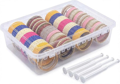 Multipurpose Plastic Storage Box with 4 Adjustable Rods l Storing Box For Bangles, Chuda, Kada, Watches, Scrunchies I (Transparent_Big_4-Rod)