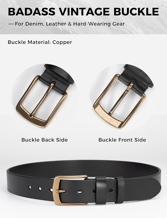Mens Heavy Duty Full Grain Leather Belt - 1 1/2 Italian Genuine Leather with Sturdy Buckle for Jeans Casual Pants