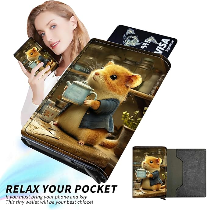 Minimalist Wallet for Men's Card Holders, Pop-Up Card Case Durable Wallets for Women, Leather Automatic Credit Card Holder with Metal Money Clip RFID Blocking Bifold Pocket, Kettle Hamster