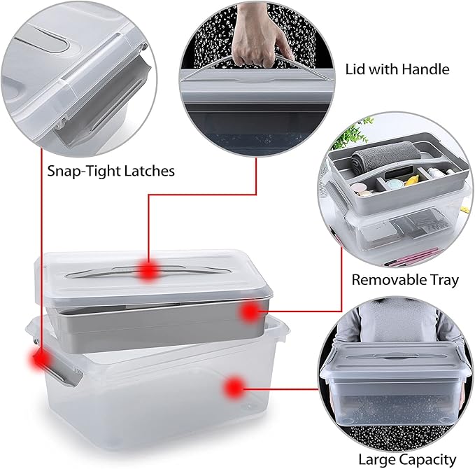 BTSKY Stack & Carry Box, Clear Plastic Storage Container Stackable Home Utility Box with Removable Tray Multi-Purpose Storage Bin for Organizing Stationery, Sewing, Art Craft Supplies(Grey)