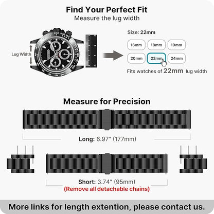 Fullmosa 22mm Stainless Steel Watch Band, Quick Release Metal Replacement Strap with Removable Links, Includes Spring Bars & Link Removal Tool for Men Women (Black)