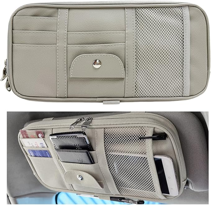 DXNQ Car Sun Visor Organizer, Double Zipper Leather Visor Storage Pouch with Multi-Pocket, Sunglass Holder Storage Pocket with Elastic Band for Cars SUVs Trucks, Car Accessories (Gray)