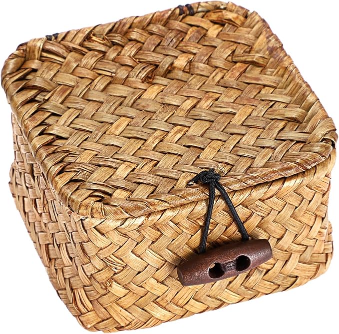 Hipiwe Handwoven Wicker Basket with Lid Desk Organizer for Remote Control Key Glass Coffee Color Seagrass Box for Decoration, Caramel Color 3.5" x 3.5" x 2"
