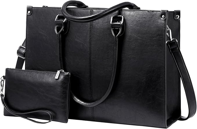 LOVEVOOK Laptop Tote Bag for Women, 17.3 Inch Large Capacity Vintage Leather Work Computer Bag, Business Casual Shoulder Handbag, Black