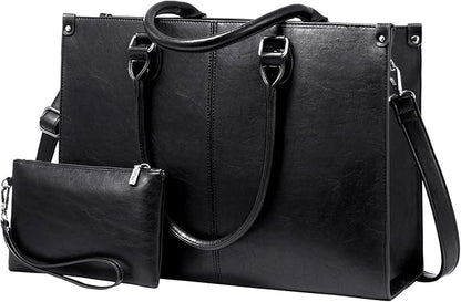 LOVEVOOK Laptop Tote Bag for Women, 17.3 Inch Large Capacity Vintage Leather Work Computer Bag, Business Casual Shoulder Handbag, Black