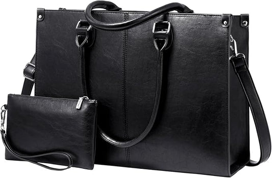 LOVEVOOK Laptop Tote Bag for Women, 17.3 Inch Large Capacity Vintage Leather Work Computer Bag, Business Casual Shoulder Handbag, Black