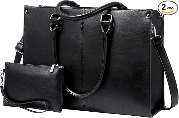 LOVEVOOK Laptop Tote Bag for Women, 15.6 Inch Large Capacity Vintage Leather Work Computer Bag, Business Casual Shoulder Handbag, Black