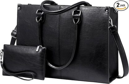 LOVEVOOK Laptop Tote Bag for Women, 15.6 Inch Large Capacity Vintage Leather Work Computer Bag, Business Casual Shoulder Handbag, Black