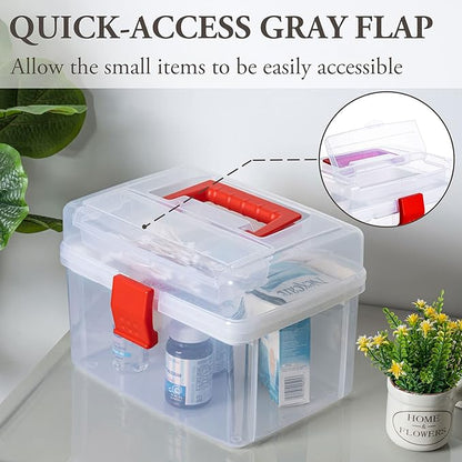 MyGift 10 Inch Premium Clear First Aid Bin with Detachable Tray and Quick Access Top Lid Flap, Portable Emergency Kit, Medical Supply Travel Tote, Medicine Storage Box Container (Red)