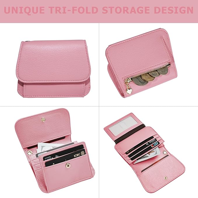 Women Small Wallet RFID Blocking Slim Wallet with Coin Pocket Tri-Fold Credit Card Holder with ID Window and Keychain(Pink)