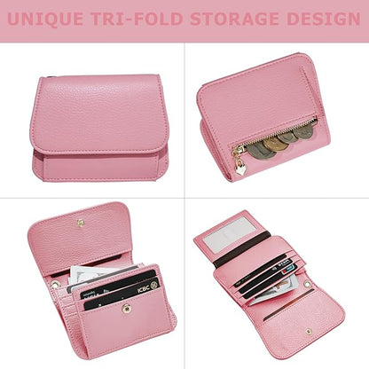 Women Small Wallet RFID Blocking Slim Wallet with Coin Pocket Tri-Fold Credit Card Holder with ID Window and Keychain(Pink)