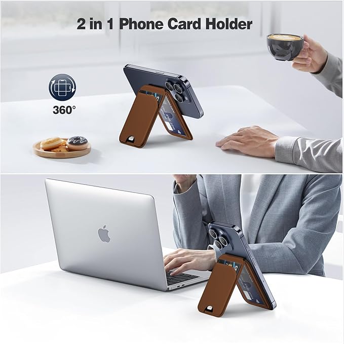 QYQBOON Mag-Safe Wallet for iPhone - Lightweight Magnetic Phone Wallet Stand With Adjustable Leather Card Holder for iPhone 17/16/15/14/13/12 Series, Not for Mini (Brown)
