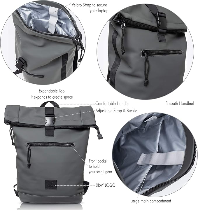 X RAY Expandable Roll Top Waterproof Trendy Backpack With Laptop Pocket (Slate)