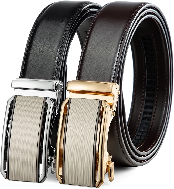 2 Pack Ratchet Belt 1 3/8", Mens leather Dress Belt in Gift Set Size 28"-62" Adjustable waist Trim to Fit