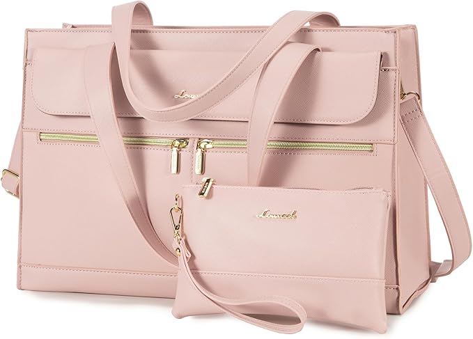 LOVEVOOK Laptop Bag for Women 15.6 Inch Laptop Tote Work Professional Leather Computer Briefcase Waterproof Handbag Shoulder Large Capacity Business Teacher Office Bag Crossbody Purse,Pink