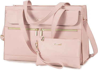LOVEVOOK Laptop Bag for Women 15.6 Inch Laptop Tote Work Professional Leather Computer Briefcase Waterproof Handbag Shoulder Large Capacity Business Teacher Office Bag Crossbody Purse,Pink