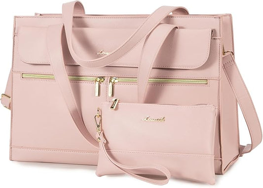 LOVEVOOK Laptop Bag for Women 15.6 Inch Laptop Tote Work Professional Leather Computer Briefcase Waterproof Handbag Shoulder Large Capacity Business Teacher Office Bag Crossbody Purse,Pink