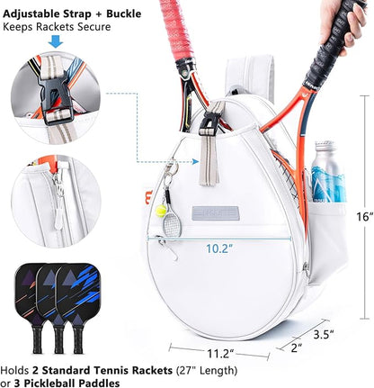 Tennis Backpack with 2 Rackets Holder, Water-Resistant PU Leather Tennis Racket Bag for Women & Men, Sling Crossbody Sports Backpack for Tennis, Pickleball & Badminton, Tennis Gifts