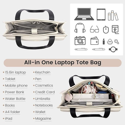 LOVEVOOK Laptop Tote for Women - 15.6 Inch Professional Leather Computer Briefcase - Waterproof Shoulder Bag - Large Capacity Business & Office Bag