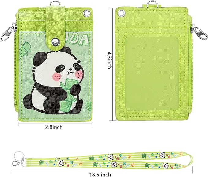 HASFINE ID Badge Holder with Lanyard,Cute Panda Work Badge with Zipper Pocket, 2-Sided Functional Card Wallet with 3 Card Slots and Detachable Keychain for Teacher Student Nurse Worker (Green)
