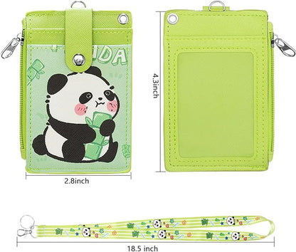 HASFINE ID Badge Holder with Lanyard,Cute Panda Work Badge with Zipper Pocket, 2-Sided Functional Card Wallet with 3 Card Slots and Detachable Keychain for Teacher Student Nurse Worker (Green)