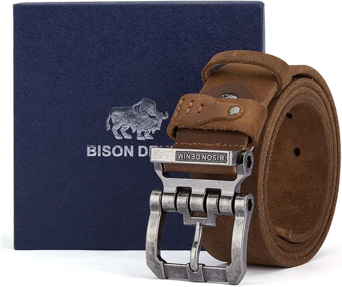BISON DENIM Men's Belts Leather Dress Genuine Leather Classic Heavy Duty Buckle Belt Casual for Jeans