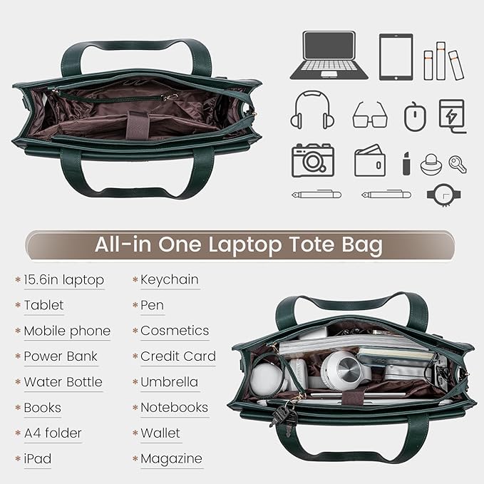 LOVEVOOK Laptop Bag for Women 15.6 Inch Tote Work Professional Leather Computer Briefcase Waterproof Handbag Shoulder Large Capacity Business Teacher Office Crossbody Purse, 131# Dark Green