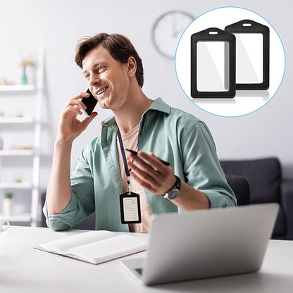 2 Pcs Genuine Leather ID Badge Holder Vertical Double-Side Clear Card Holder Waterproof Name Badge Holder for Office, Staff, Students, Employees(Black&Black)