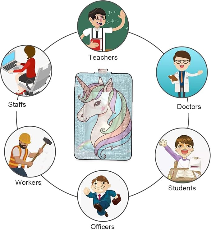 Badge Holder, Cartoon Unicorn PU Leather School College Business ID Badge Card Holder Wallet Case with 1 Clear Window, 2 Credit Card Slots and Detachable Neck Lanyard - Vertical