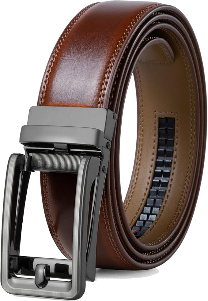 Founders & C Men's Leather Ratchet Comfort Click Belt Dress with Slide Buckle -Adjustable Trim to Fit
