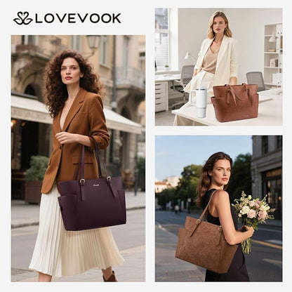 LOVEVOOK Laptop Tote Bag for Women With Large Cup Holder, Leather Work Tote Bag for Women,17.3 Inch Professional Computer Briefcase Business Teacher Commuter Shoulder Bag,Office Travel Gift