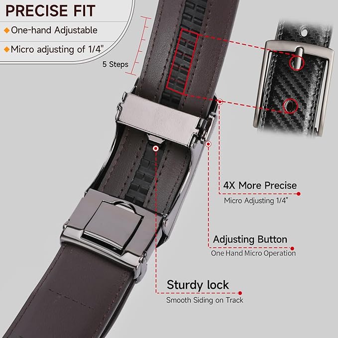GAEKEAO Ratchet Belts for Men Dress Casual 1 3/12" Adjustable Genuine Leather Slide Buckle Designer Belt with Box Trim to Fit