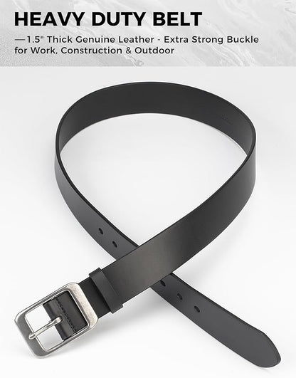 Mens Heavy Duty Full Grain Leather Belt - 1 1/2 Italian Genuine Leather with Sturdy Buckle for Jeans Casual Pants
