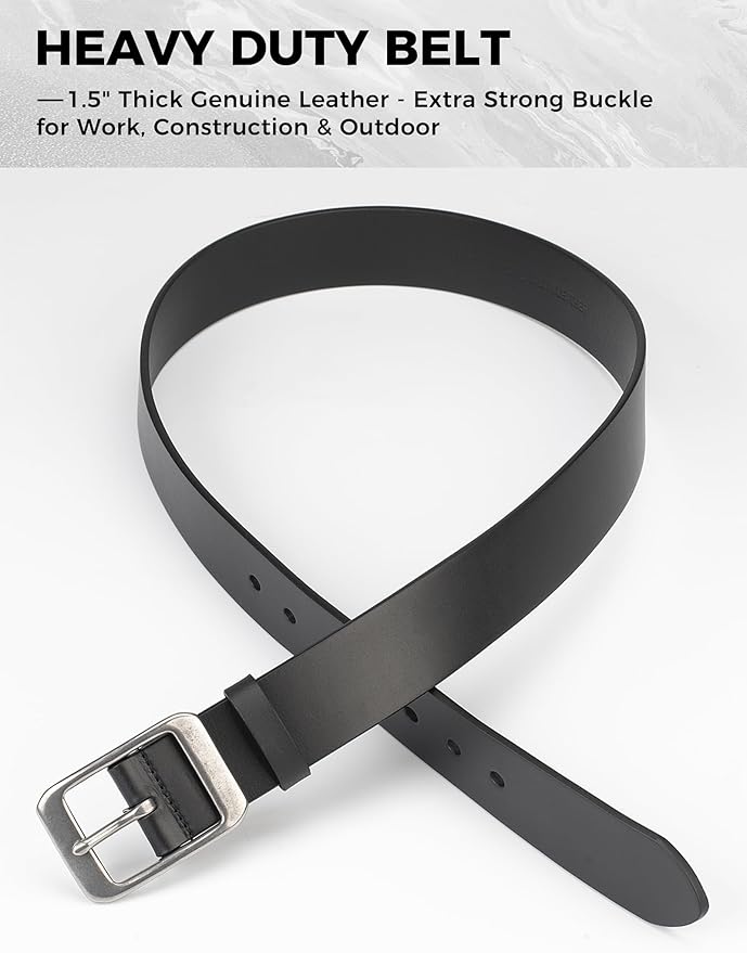 Mens Heavy Duty Full Grain Leather Belt - 1 1/2 Italian Genuine Leather with Sturdy Buckle for Jeans Casual Pants